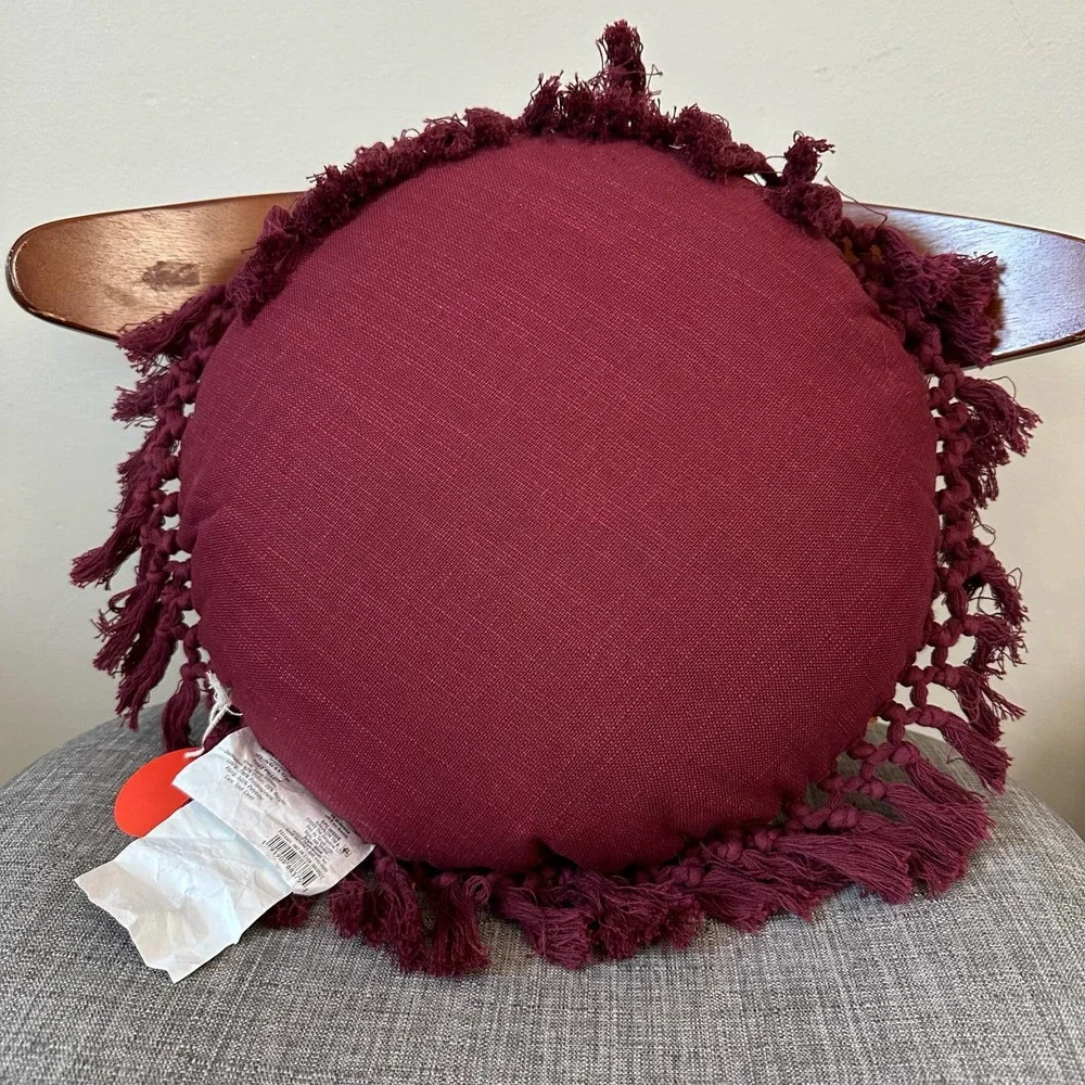 Opalhouse × Jungalow Embroidered Orange Maroon Floral Round Throw Pillow Tassel - Picture 5 of 6
